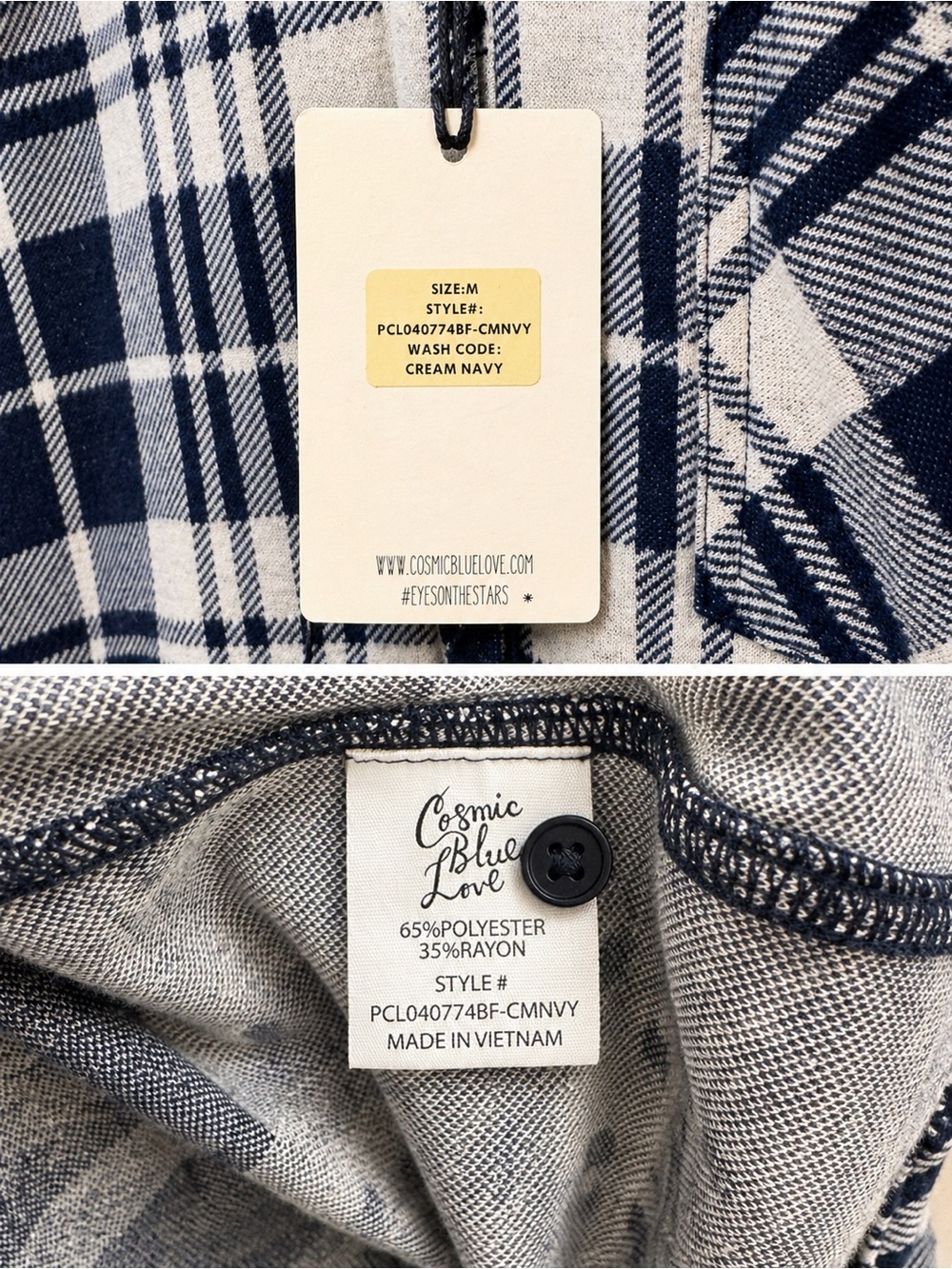 Cosmic Blue Love Harper Knit Button Down‎ Plaid Shirt Size M Cream Navy - Picture 6 of 6